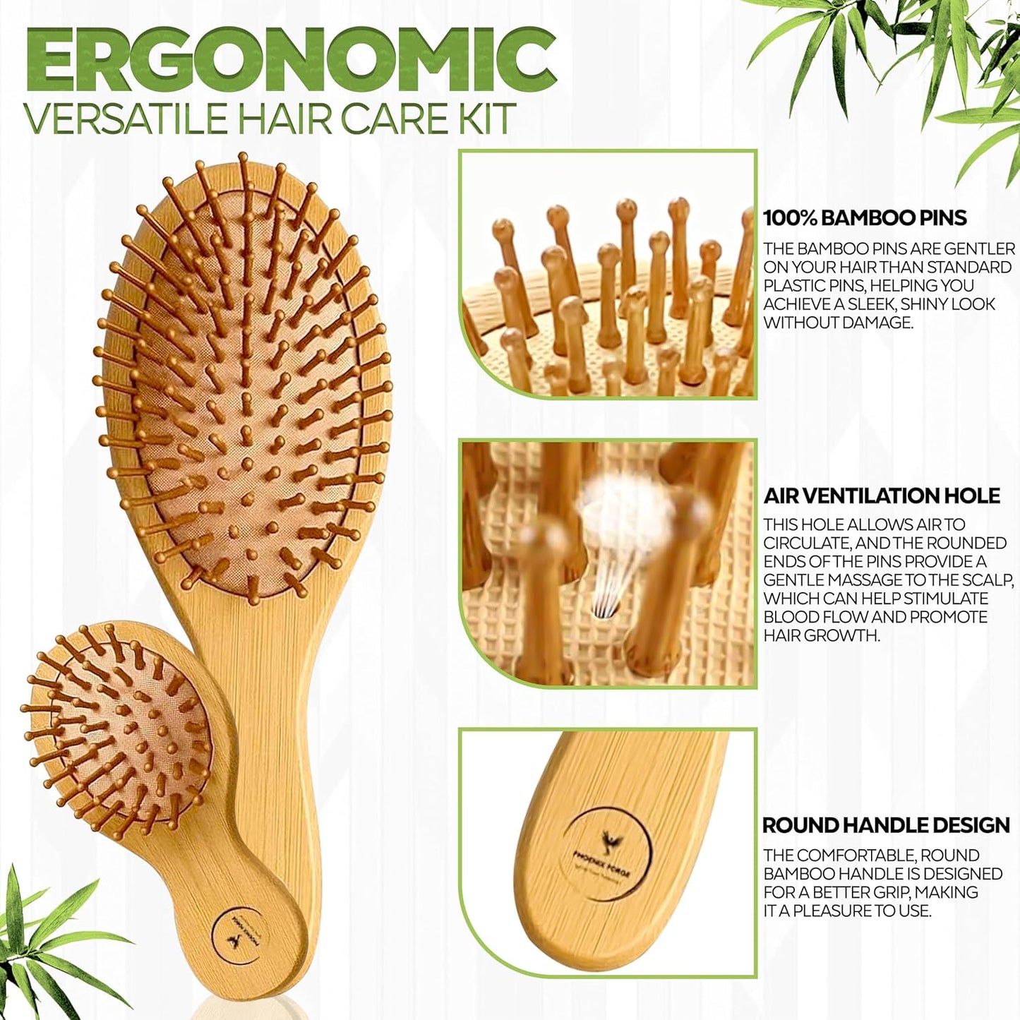 Phoenix Forge Bamboo Hairbrush and Comb Set